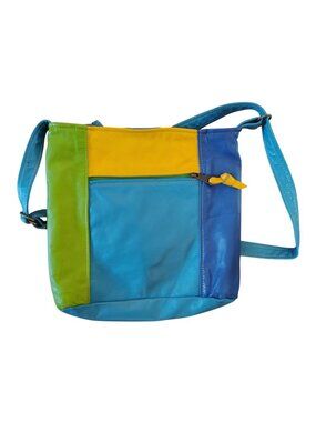 Purse Peddlers Handmade Leather Color Block, Adjustable Strap Blue Yellow Green